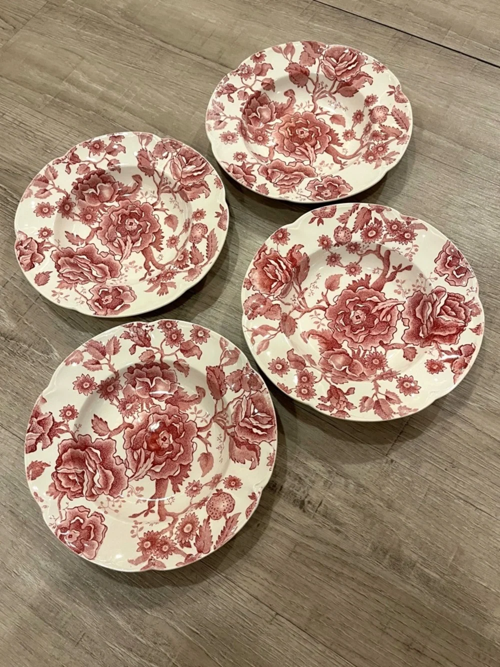 Vintage Johnson Brothers English Chippendale Red Floral Shallow Soup Bowls set 4
